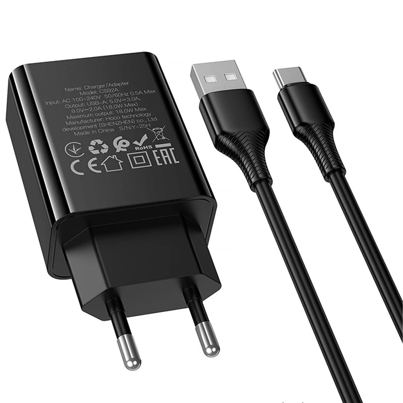 МЗП Hoco CS92A Leader 18W+QC3.0 (1USB-A) + кабель USB to Type-C – Black. Фото 7 з 7