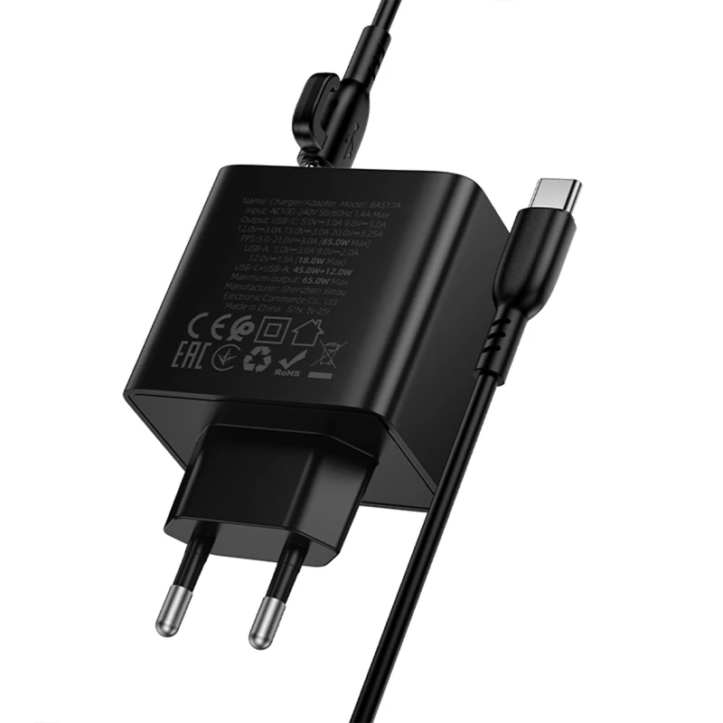МЗП Borofone BAS17A Erudite PD65W+QC3.0 (1USB-A/1C) + кабель Type-C to Type-C – Black. Фото 7 з 7