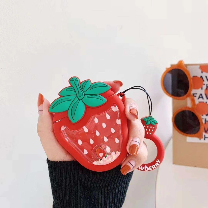 Силіконовий футляр Fruits series with Sparkles & Water для навушників AirPods 1/2 + кільце – Strawberry / Червоний. Фото 4 з 5