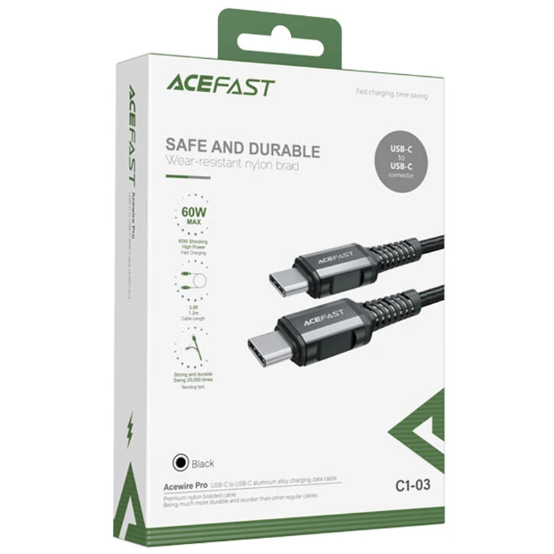 Дата кабель Acefast C1-03 Type-C to Type-C 60W (1.2m) – Black. Фото 3 з 3