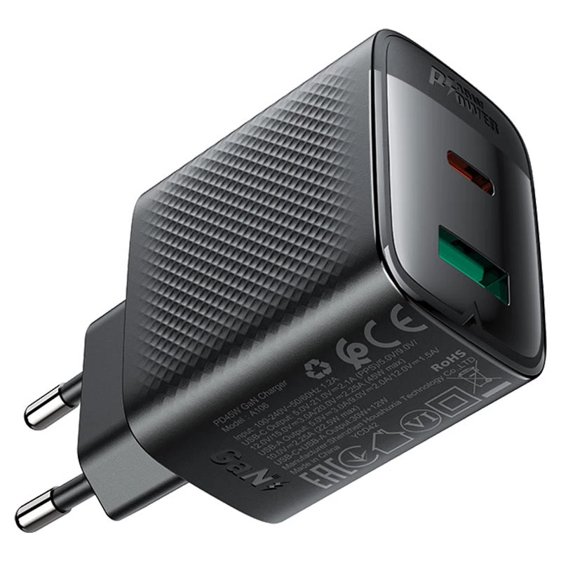 МЗП Acefast A106 GaN PD45W (1USB-A/1C) – Black. Фото 3 з 6