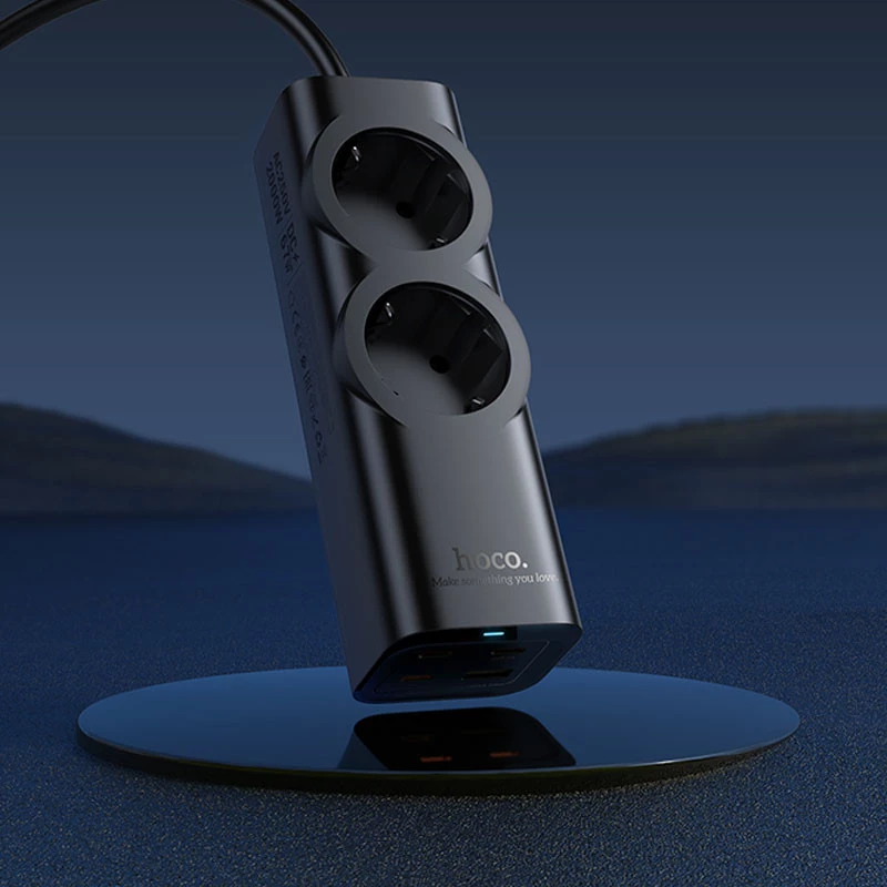 Удлинитель Hoco NS10 Wisdom 2-position PD67W (1USB-A/1C/2Socket) (2m) – Black. Фото 5 из 6