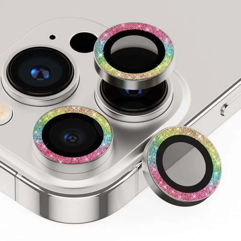 Захисне скло Metal Sparkles на камеру (в упак.) Apple iPhone 15 Pro (6.1") – Бузковий / Rainbow. Фото 3 з 6