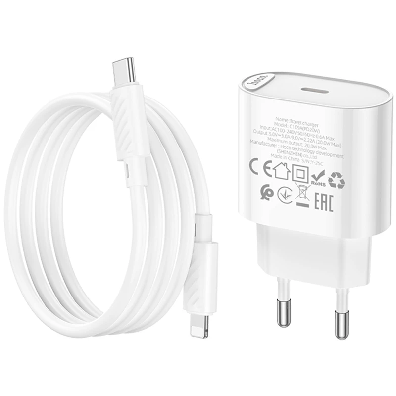 МЗП Hoco C109A Fighter PD20W+QC3.0 (1USB-A/1C) + кабель Type-C to Lightning – White. Фото 6 з 6
