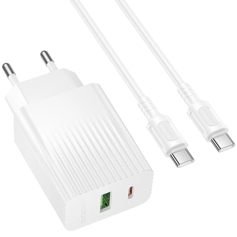 МЗП Borofone BAS76A Source PD30W+QC3.0 (1USB-A/1C) + кабель Type-C to Type-C – White. Фото 2 з 5