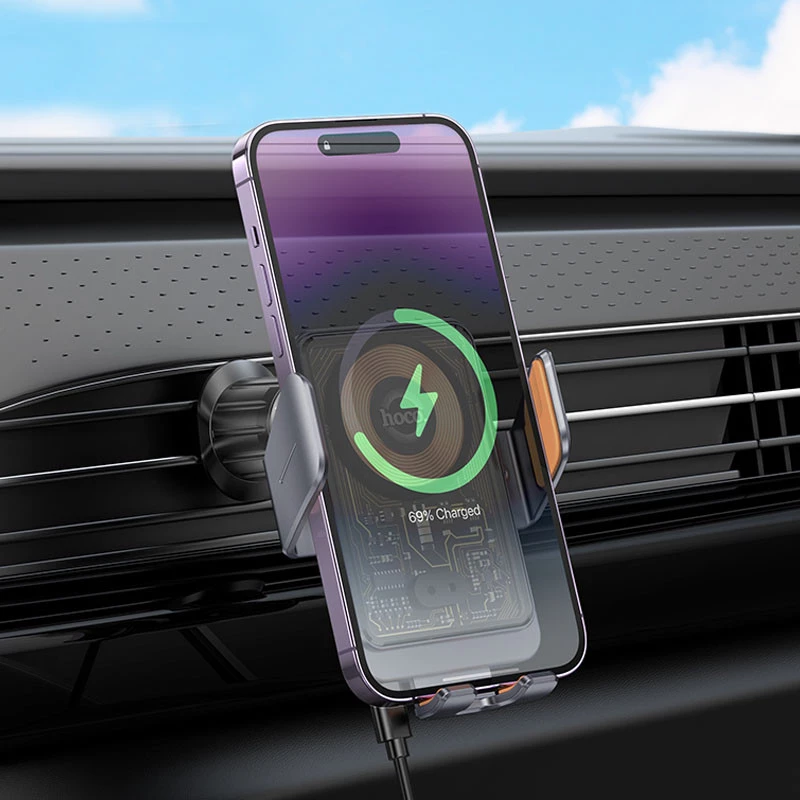 Автодержатель с БЗУ Hoco HW7 Transparent Discovery Edition (air outlet) – Metal gray. Фото 8 из 8