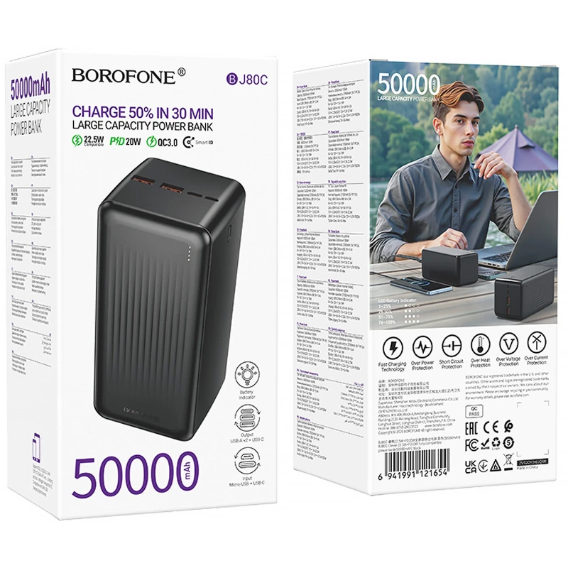 Портативное ЗУ Power Bank Borofone BJ80C Clever 22.5W+PD20W 50000 mAh – Black. Фото 4 из 4