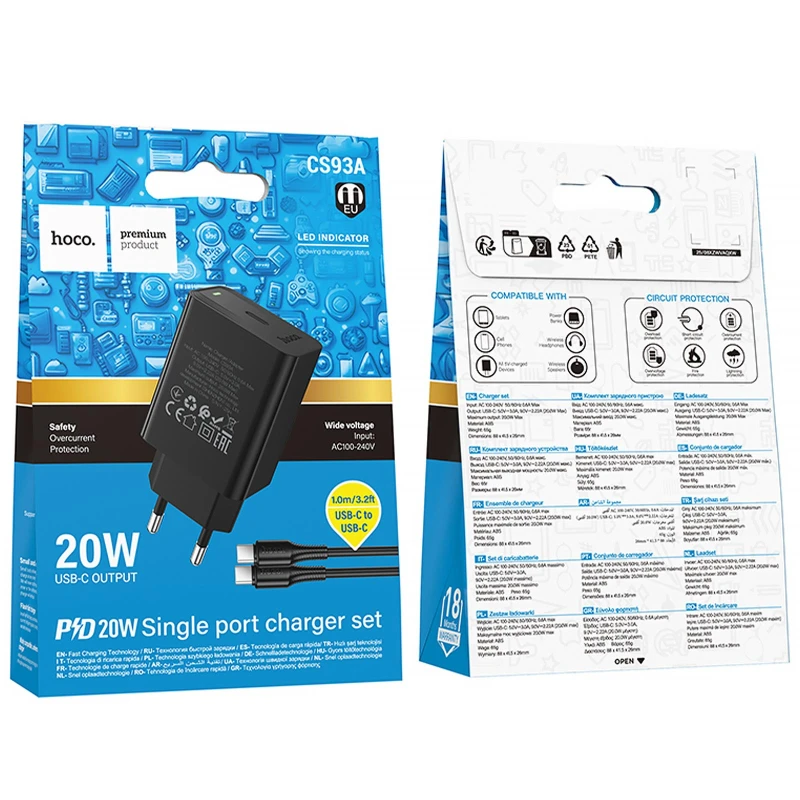 МЗП Hoco CS93A Leader PD20W (1USB-C) + кабель Type-C to Type-C – Black. Фото 2 з 6