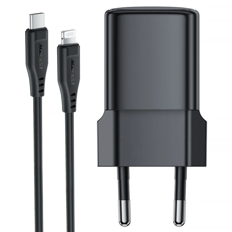 СЗУ Acefast A117 mini PD20W GaN (1USB-C) + кабель Type-C to Lightning – Black. Фото 5 из 6