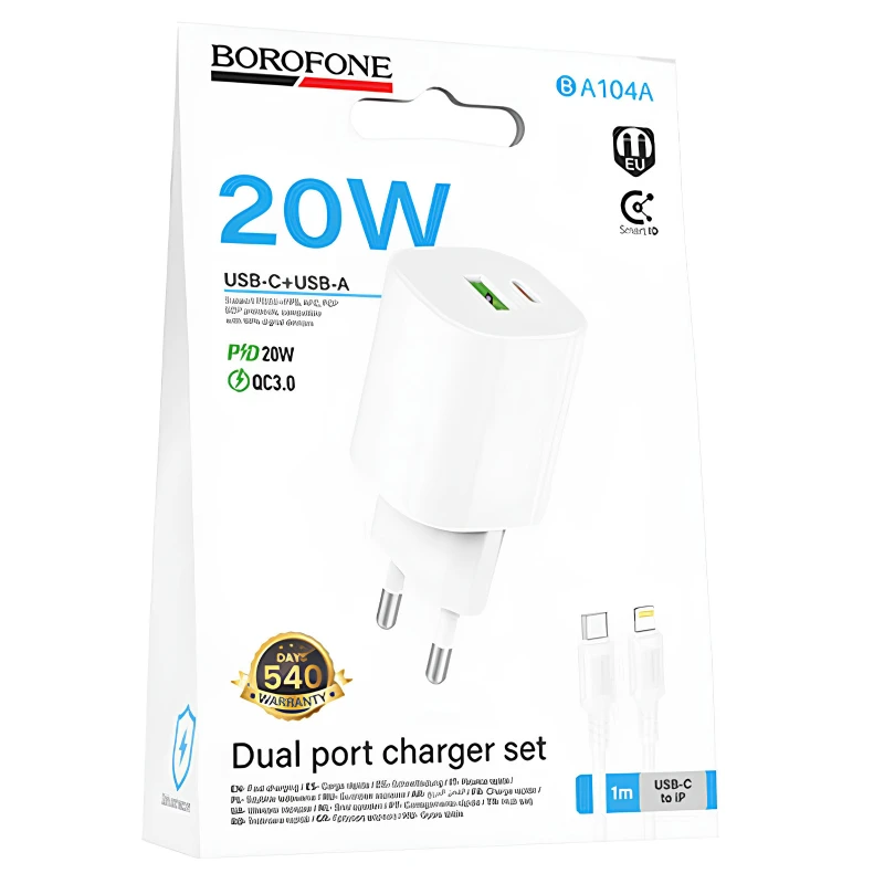 СЗУ Borofone BA104A Pudding PD20W+QC3.0 (1USB-A/1C) + кабель Type-C to Lightning – White. Фото 2 из 4