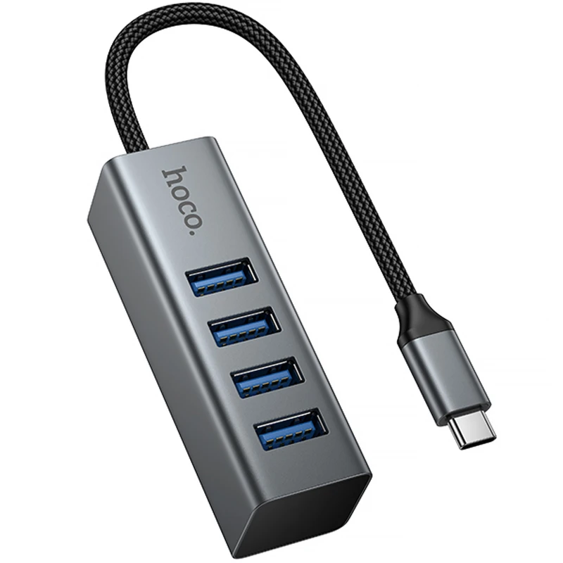 Переходник HUB Hoco HB1C 4in1 (Type-C to 4xUSB 3.0) (0.2m) – Metal gray. Фото 1 из 7
