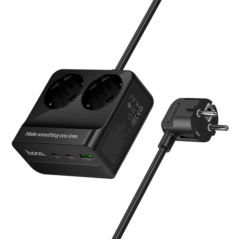 Удлинитель Hoco AC27 Descanso (PD30W/2C/1A/2xSocket) (2m) – Black. Фото 3 из 5