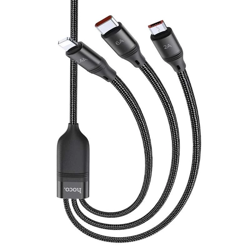 Дата кабель Hoco U104 Ultra 6A 3in1 Lightning -MicroUSB-Type-C (1.2m) – Черный. Фото 2 из 6