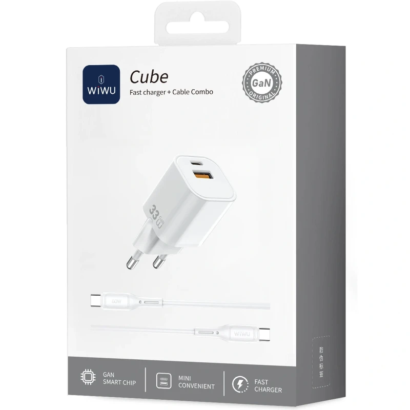 МЗП WIWU G018 Cube PD33W+QC3.0 GaN (1USB-A/1C) + кабель Type-C to Lightning – White. Фото 3 з 5