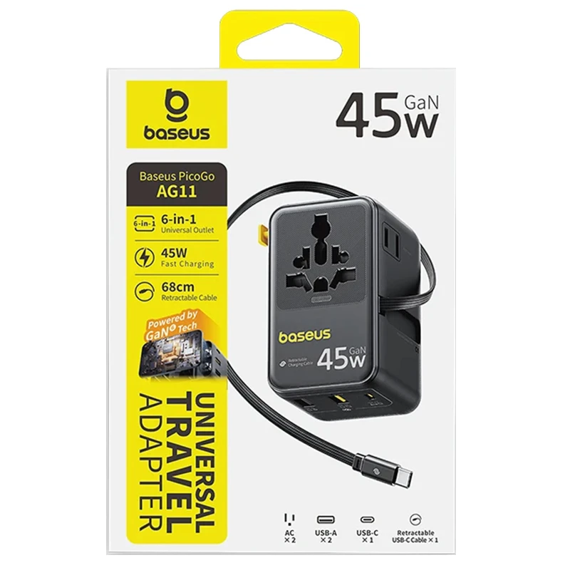 Мережевий універсальний перехідник Baseus AG11 45W with retractable cable (2USB-A/3C/1Socket) (E0307F) – Cosmic Black. Фото 2 з 5