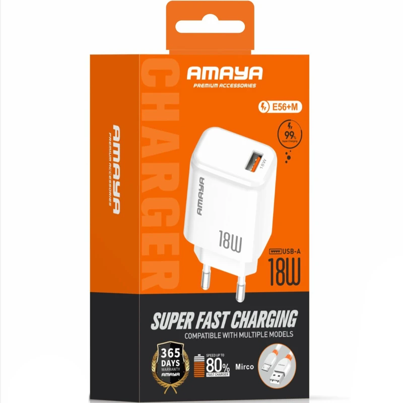 МЗП Amaya E56 QC3.0 18W (1USB-A) + кабель USB to MicroUSB – White. Фото 2 з 2