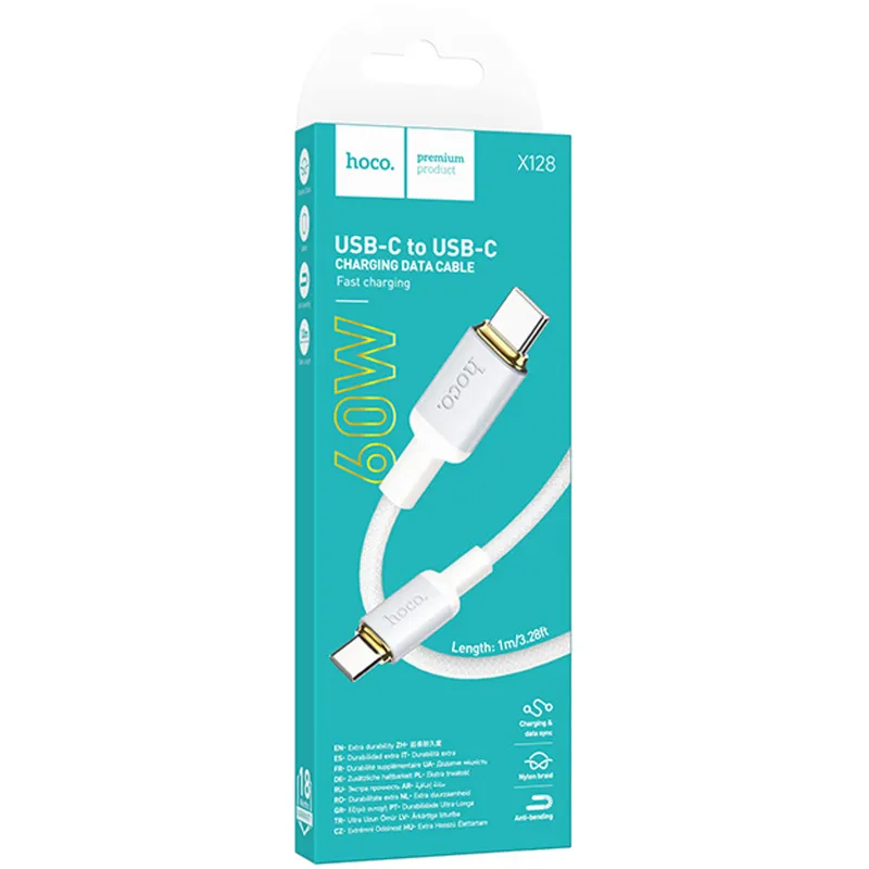 Дата кабель Hoco X128 Benefit Type-C to Type-C 60W (1m) – White. Фото 2 из 4
