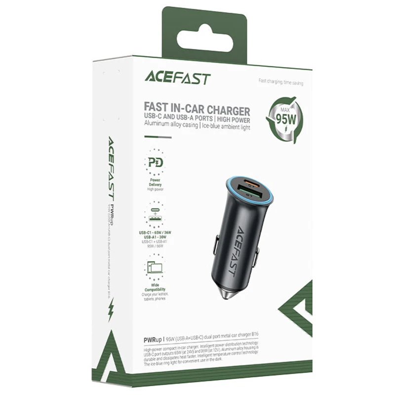 АЗУ Acefast B16 PD65W+QC3.0 total 95W (1USB-A/1C) – Gray. Фото 2 из 6