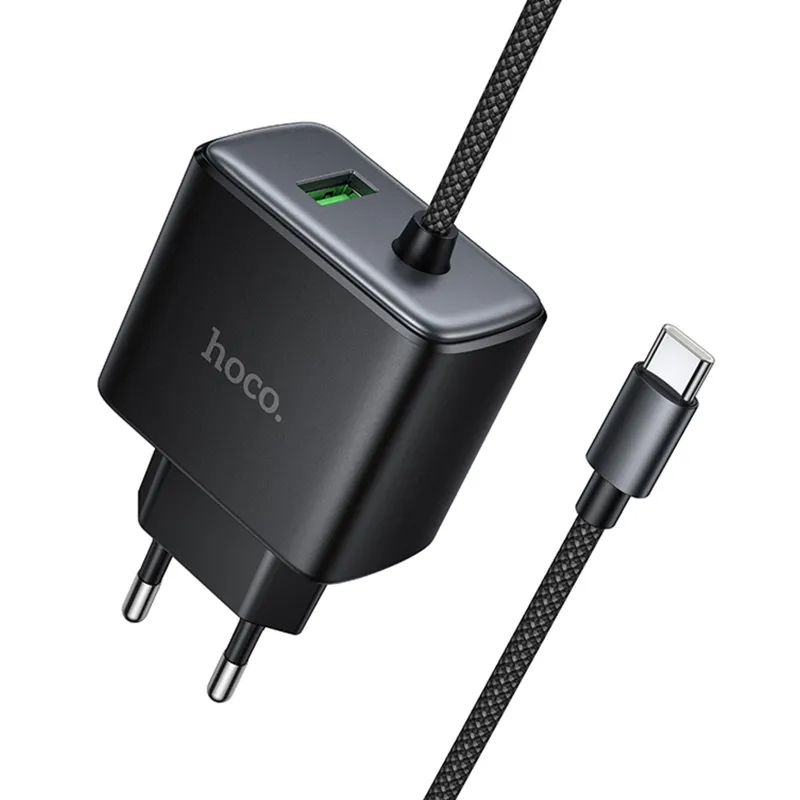 МЗП Hoco C164A New PD30W+QC3.0 (1USB-A/1C) + встроенный кабель Type-C – Black. Фото 1 з 6