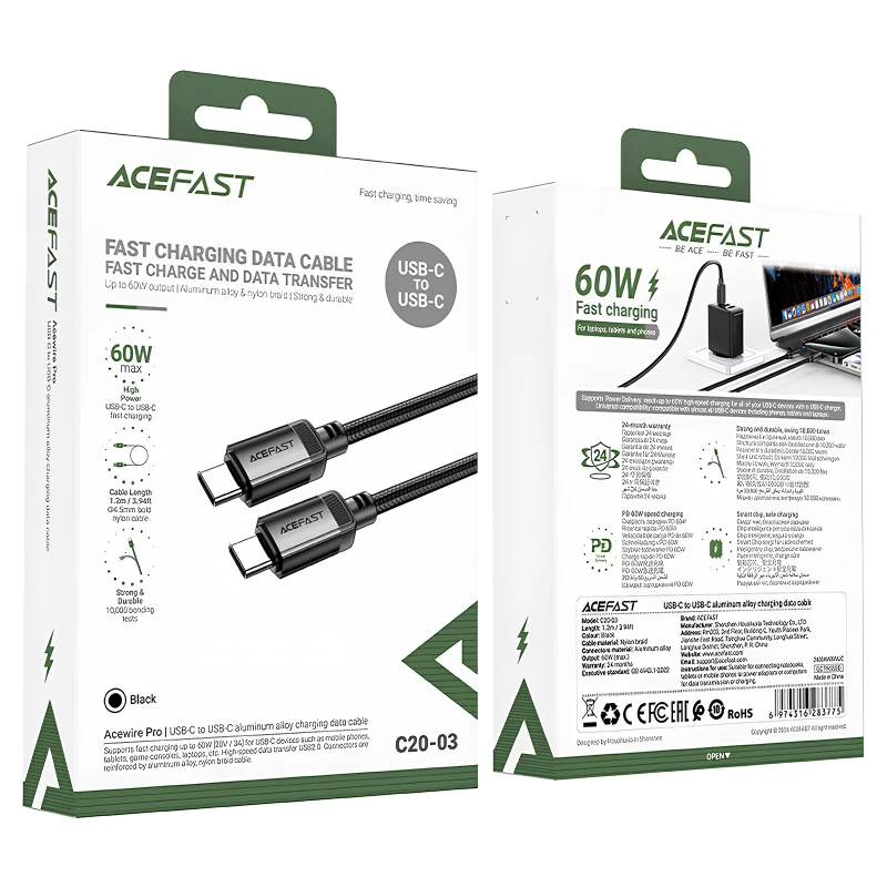 Дата кабель Acefast C20-03 Type-C to Type-C 60W (1.2m) – Black. Фото 5 з 5