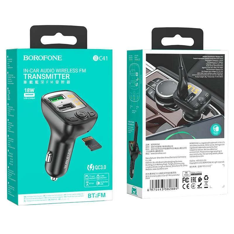 АЗУ FM-модулятор Borofone BC41 Eminency QC3.0 – Черный. Фото 6 из 8
