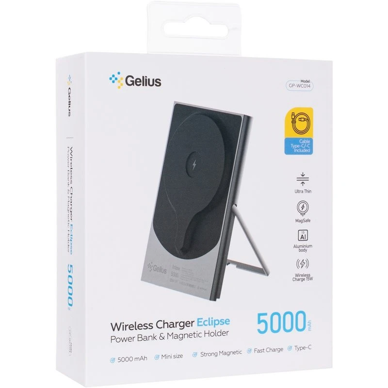 Портативний ЗП Power Bank Gelius Eclipse Magnetic Wireless Charge GP-WC014 15W з БЗП 5000 mAh – Black. Фото 6 з 6