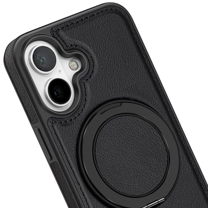 Шкіряна ретро накладка з кільцем та Magnetic Safe на Apple iPhone 16 – Black. Фото 3 з 6