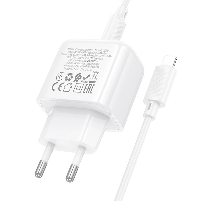 МЗП Hoco CS53A Surplus PD25W (1USB-C) + Type-C to Lightning – White. Фото 7 з 8