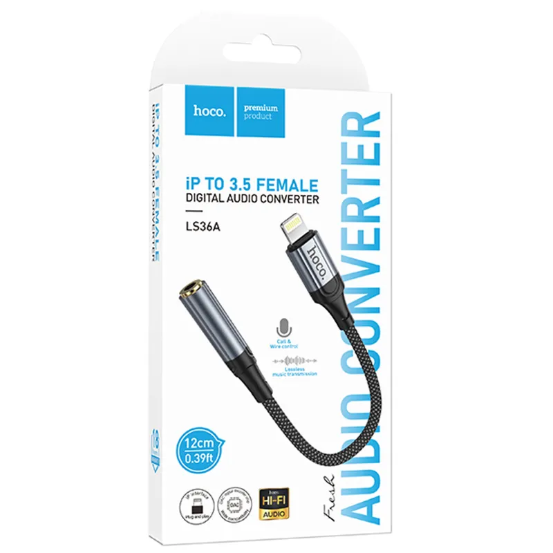 Аудіо кабель Aux Hoco LS36A Fresh 3.5mm to Lightning (0.12m) – Metal gray. Фото 2 з 5