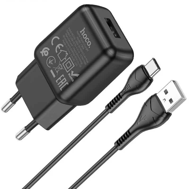 СЗУ Hoco C96A (1USB/2.1A) + кабель USB to Type-C – Black. Фото 2 из 5