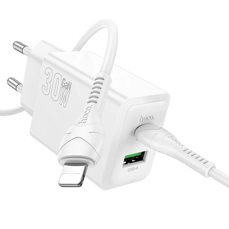 СЗУ Hoco N71 Nuevo PD30W+QC3.0 (1USB-A/1C) + кабель Type-C to Lightning – White. Фото 2 из 4