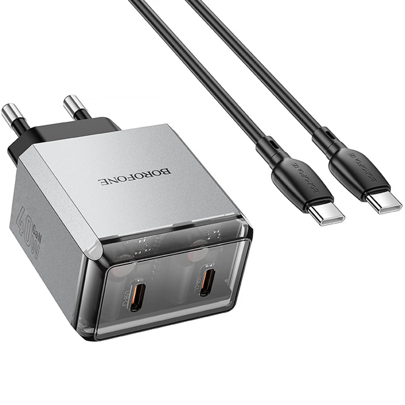 СЗУ Borofone BN21 Lena PD40W+QC3.0 (2USB-C) + кабель Type-C to Type-C – Metal gray. Фото 5 из 6