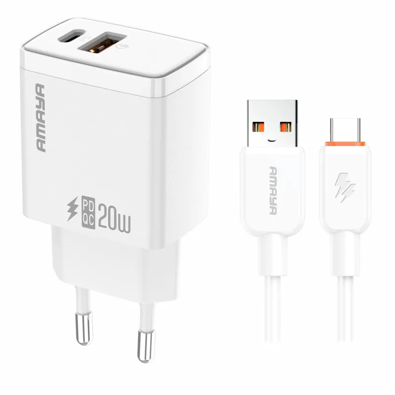 МЗП Amaya E67D PD20W+QC3.0 (1USB-A/1C) + кабель USB to Type-C – White. Фото 1 з 2