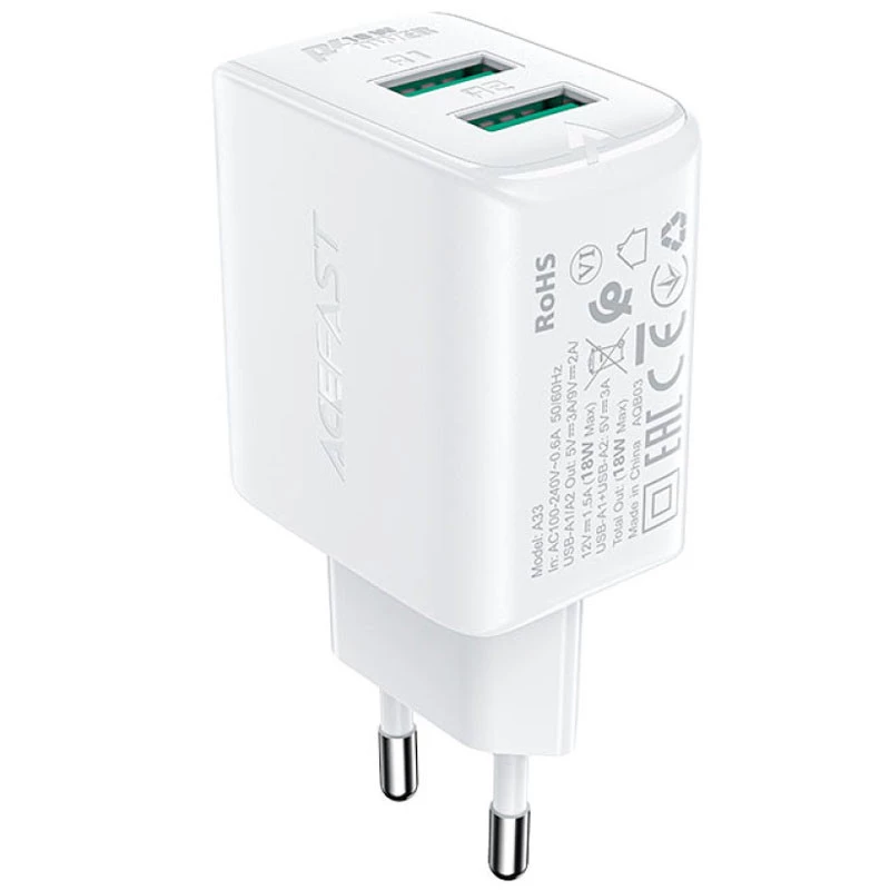 

СЗУ Acefast A33 QC18W (USB-A+USB-A) dual port (White)