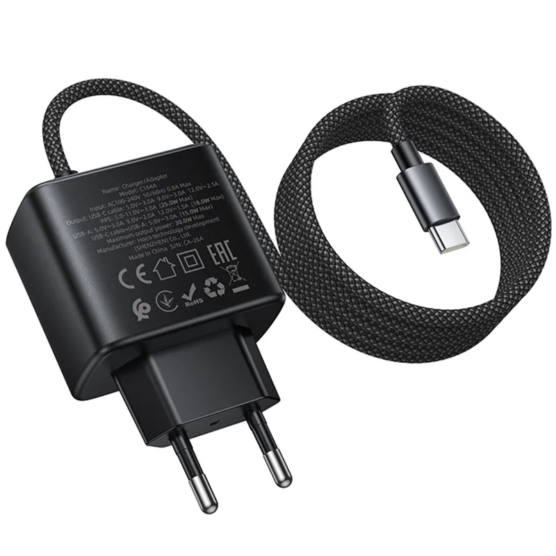 МЗП Hoco C164A New PD30W+QC3.0 (1USB-A/1C) + встроенный кабель Type-C – Black. Фото 3 з 6