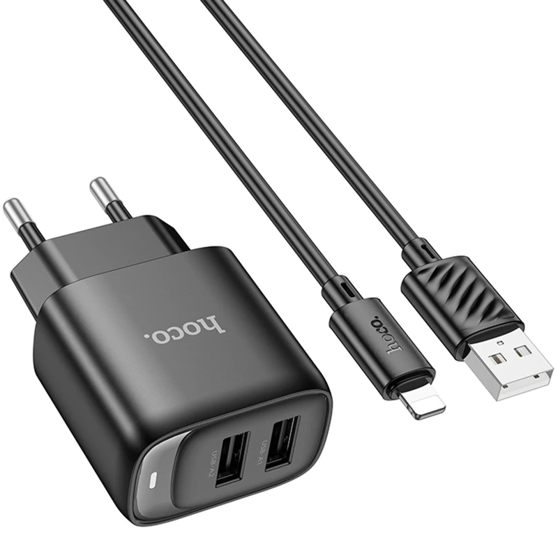 СЗУ Hoco C141A Smart 2.1A (2USB-A) + кабель USB to Lightning – Black. Фото 3 из 5