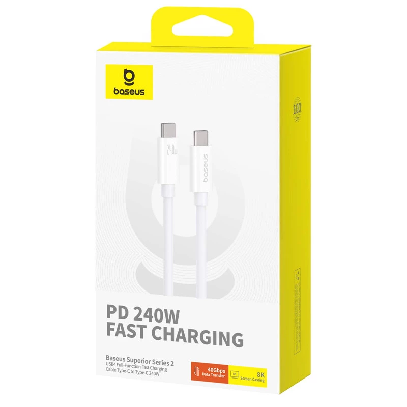 Дата кабель Baseus Superior Series 2 USB4 Full-Function Type-C to Type-C 240W (1m) (P10365200211) – Moon White. Фото 6 з 8