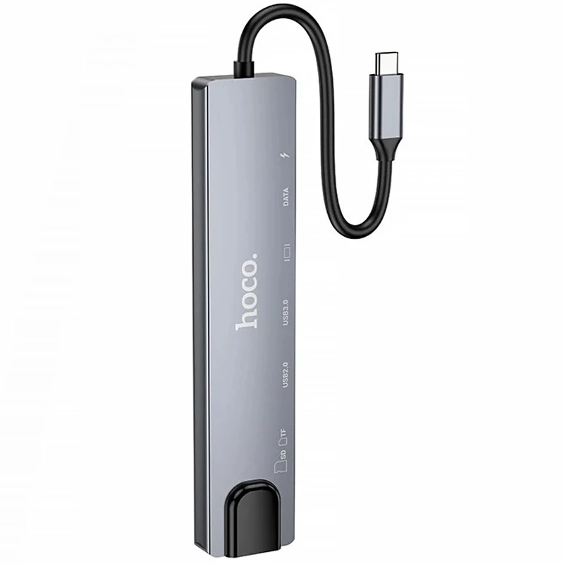 Перехідник HUB Hoco DUP09 (Type-C to HDMI+USB 3.0+USB 2.0+2xType-C+SD/TF) – silver. Фото 2 з 5