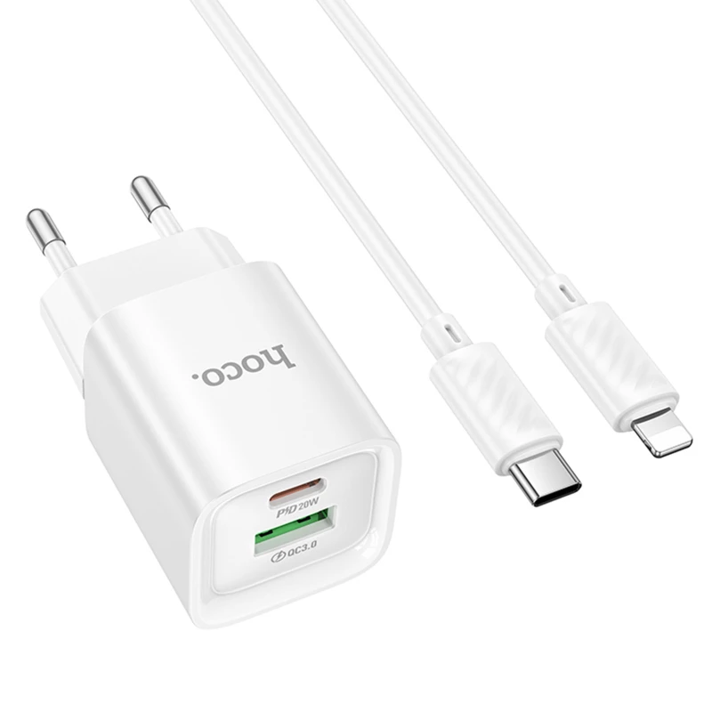 МЗП Hoco C147A PD20W+QC3.0 (1USB-A/1C) + кабель Type-C to Lightning – White. Фото 2 з 6