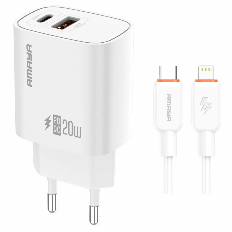 МЗП Amaya E74D PD20W+QC3.0 (1USB-A/1C) + кабель Type-C to Lightning фото 1 з 1