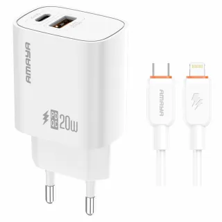 МЗП Amaya E74D PD20W+QC3.0 (1USB-A/1C) + кабель Type-C to Lightning фото 1 з 2