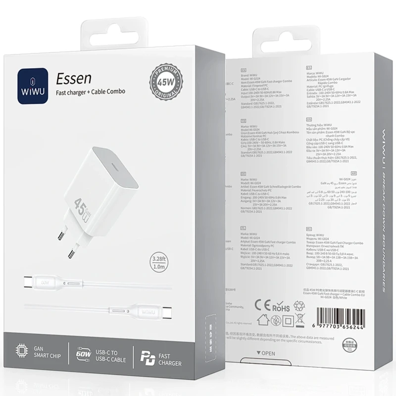 МЗП WIWU G024 Essen PD45W GaN (1USB-C) + кабель Type-C to Type-C – White. Фото 2 з 2
