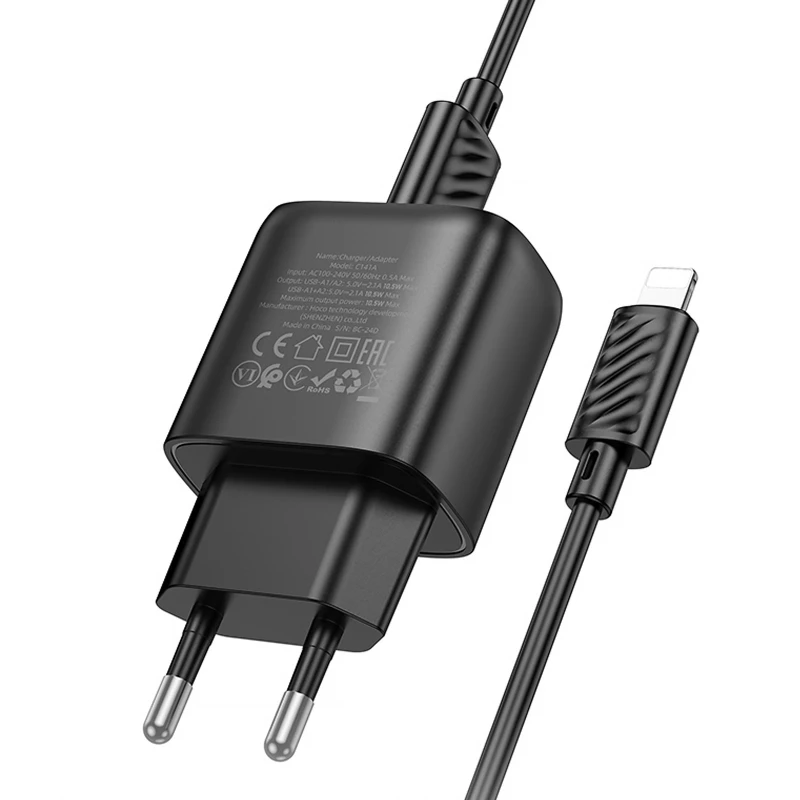 СЗУ Hoco C141A Smart 2.1A (2USB-A) + кабель USB to Lightning – Black. Фото 4 из 5