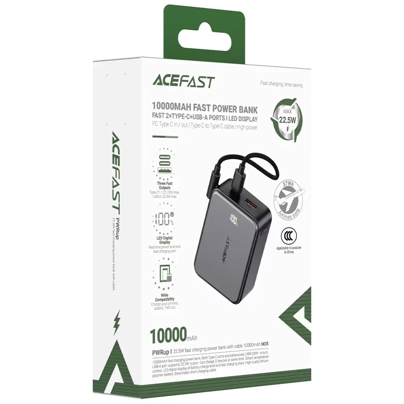Портативний ЗП Power Bank Acefast M28 22.5W with cable 10000 mAh – Black. Фото 5 з 7