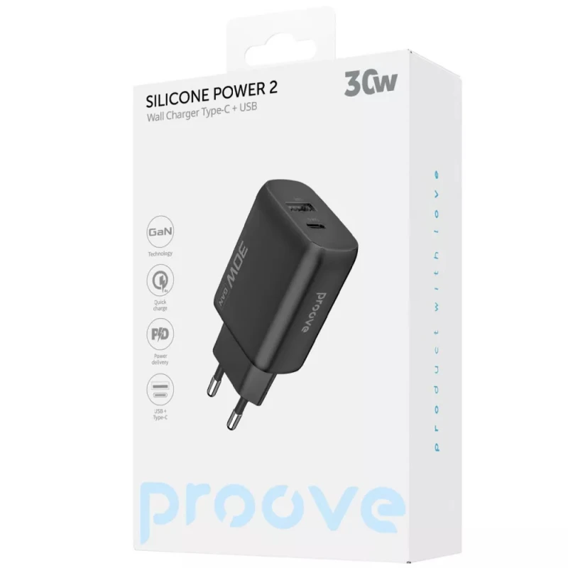 МЗП Proove Silicone Power 2 30W (1USB-A/1C) – Black. Фото 2 з 2