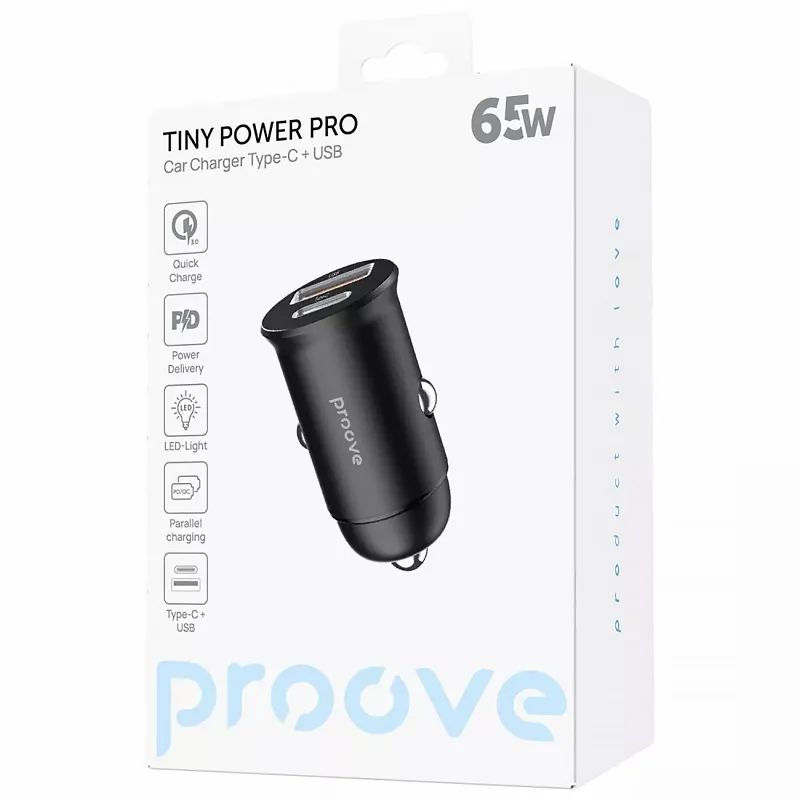 АЗП Proove Tiny Power Pro 65W PD65W+QC3.0 (1USB-A/1C) – Black. Фото 4 з 4