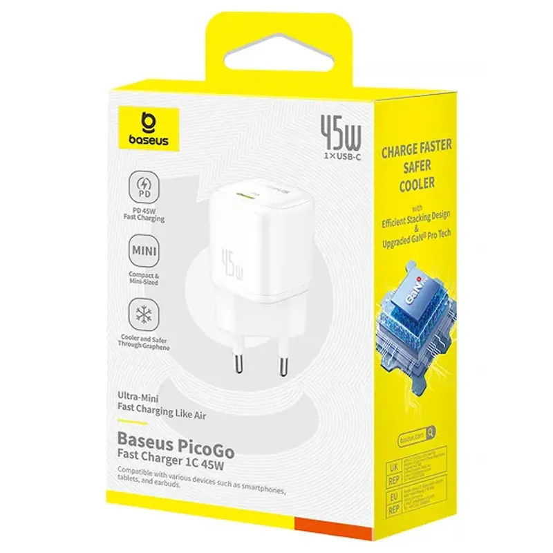 МЗП Baseus PicoGo GaN Fast Charger 45W (1USB-C) (P10176800) – Moon White. Фото 4 з 4