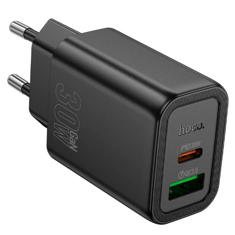 СЗУ Hoco N63 Gentle PD30W+QC3.0 (1USB-A/1C) + кабель Type-C to Lightning – Black. Фото 4 из 8