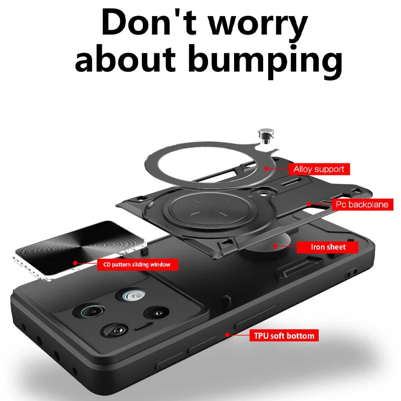 Ударостійкий чохол Bracket Ringstand із захисною шторкою для камери на Xiaomi Redmi Note 13 Pro 5G – Black. Фото 9 з 10