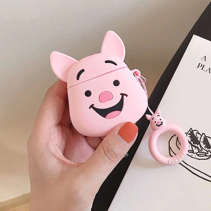 Силіконовий футляр Disney series для навушників AirPods + кільце – П'ятачок / Рожевий. Фото 2 з 4